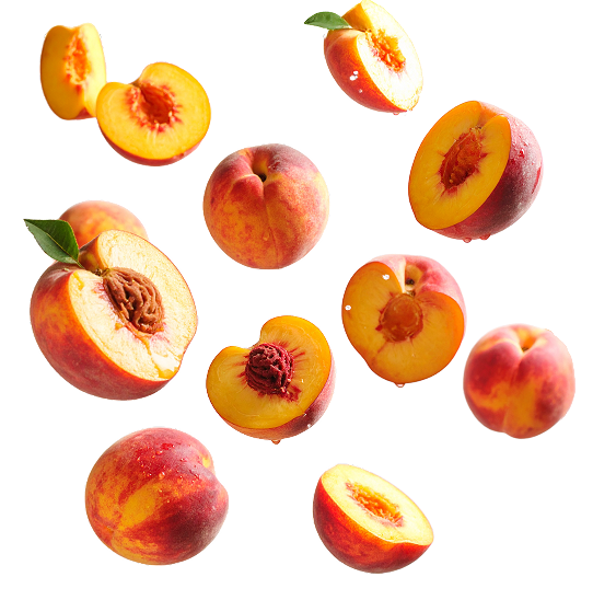 Floating peaches on a white background both whole and fresh